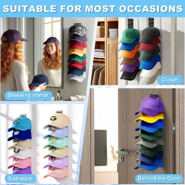 Alt view image 6 of 7 - Hat Organizer for Baseball Caps, 2 Pack | Adhesive, Hat Rack for Wall