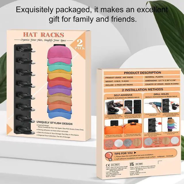Alt view image 7 of 7 - Hat Organizer for Baseball Caps, 2 Pack | Adhesive, Hat Rack for Wall