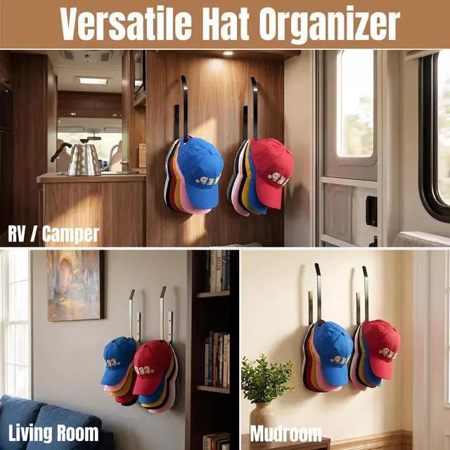 Alt view image 5 of 7 - 2 Pack Hat Organizer for Baseball Caps, Fits for Bedroom, Closet, RV | Strong Adhesive & Drilling, Space Saving Hat Holder & Storage, Suitable for Bedroom, RV, Closet and Door back