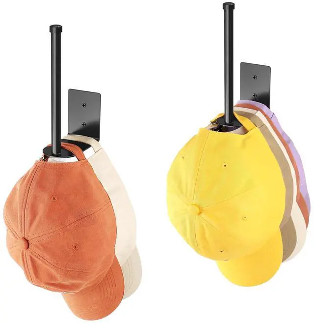 Main image of 2 Pack Hat Rack for Baseball Caps, Black Metal Hat Organizer, Wall Mount Cap Holder, Adhesive or Screw Installation, Hat Storage for Closet Door Bedroom