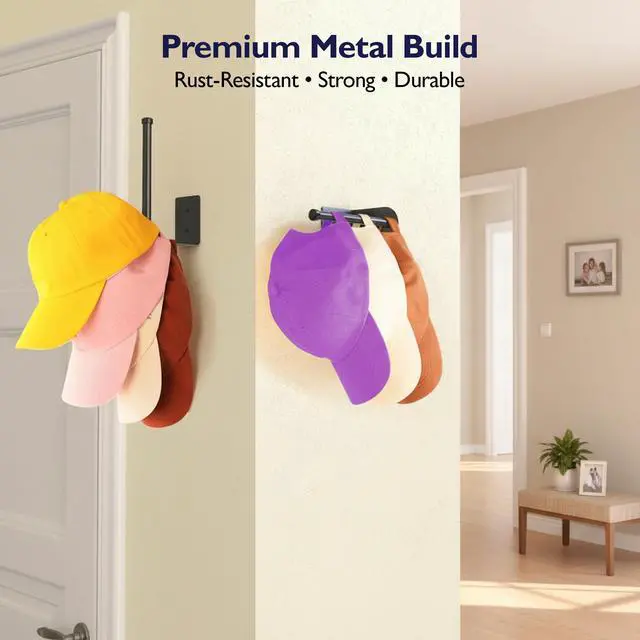Alt view image 2 of 6 - 2 Pack Hat Rack for Baseball Caps, Black Metal Hat Organizer, Wall Mount Cap Holder, Adhesive or Screw Installation, Hat Storage for Closet Door Bedroom