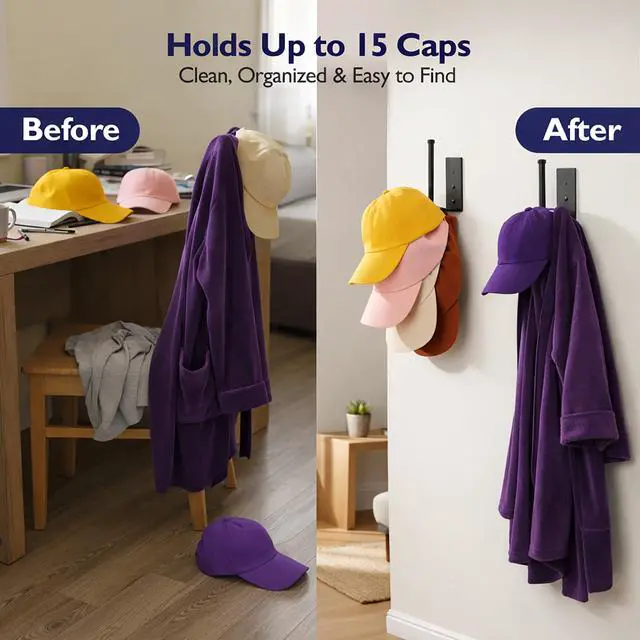 Alt view image 4 of 6 - 2 Pack Hat Rack for Baseball Caps, Black Metal Hat Organizer, Wall Mount Cap Holder, Adhesive or Screw Installation, Hat Storage for Closet Door Bedroom