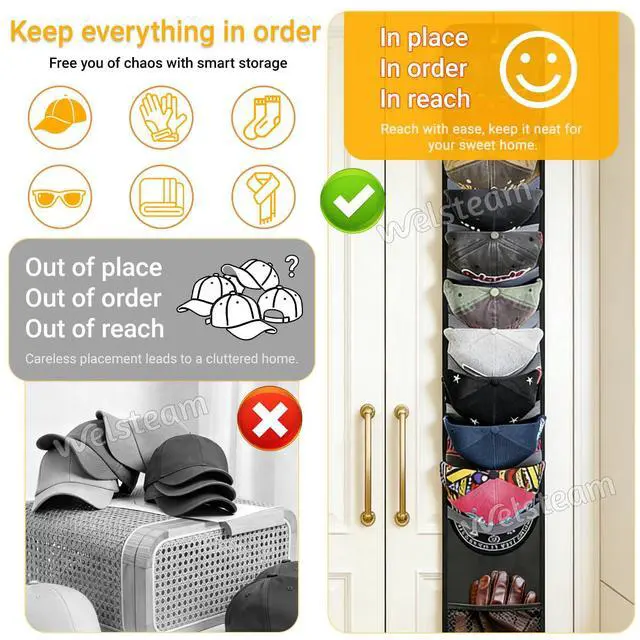Alt view image 3 of 7 - Hat Organizer Racks for Baseball Caps, Visible Hat Holder Rack Hanger Holder, 10 elastic bands each hold 1-3 caps + 1 Mesh Bag, Daily Acessories Storage Display w Hooks for Door Closet Wall