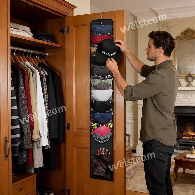 Alt view image 2 of 7 - Hat Organizer Racks for Baseball Caps, Visible Hat Holder Rack Hanger Holder, 10 elastic bands each hold 1-3 caps + 1 Mesh Bag, Daily Acessories Storage Display w Hooks for Door Closet Wall
