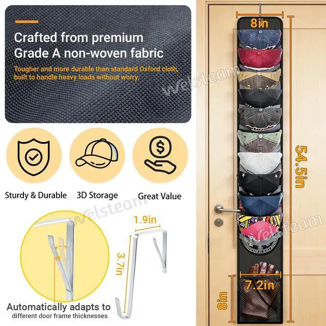 Alt view image 5 of 7 - Hat Organizer Racks for Baseball Caps, Visible Hat Holder Rack Hanger Holder, 10 elastic bands each hold 1-3 caps + 1 Mesh Bag, Daily Acessories Storage Display w Hooks for Door Closet Wall