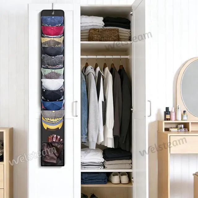 Alt view image 7 of 7 - Hat Organizer Racks for Baseball Caps, Visible Hat Holder Rack Hanger Holder, 10 elastic bands each hold 1-3 caps + 1 Mesh Bag, Daily Acessories Storage Display w Hooks for Door Closet Wall