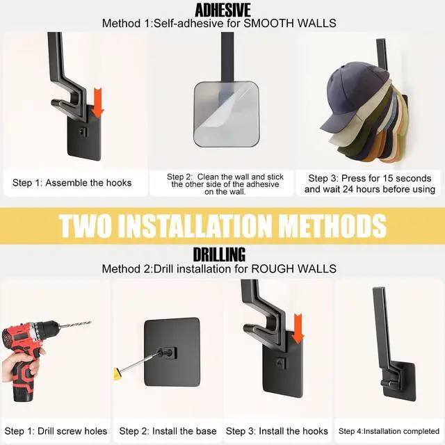 Alt view image 2 of 7 - Hat Rack for Baseball Cap, Adhesive Ball Caps Holder on Wall, No Drilling Hat Organizer Wall Storage Wall Mount, Hat Hanger Display, Black, 2 Pack