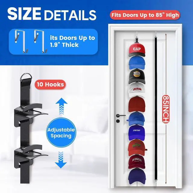 Alt view image 2 of 7 - Hat Organizer for Baseball Caps, Over the Door Hat Rack with 10 Display Hooks and Hanger, 2-Way Hanging Hat Storage and Hat Holder for Bedroom, Entryway or Garage Doors 1 Pack