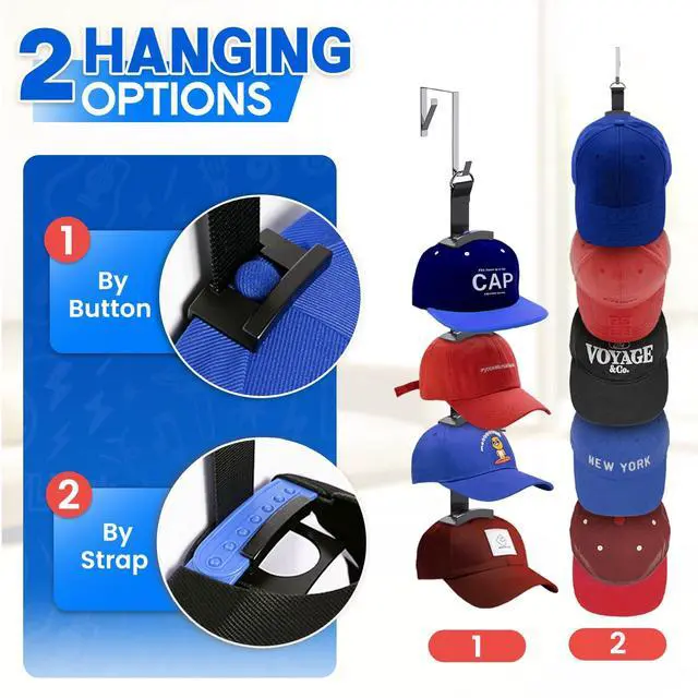 Alt view image 3 of 7 - Hat Organizer for Baseball Caps, Over the Door Hat Rack with 10 Display Hooks and Hanger, 2-Way Hanging Hat Storage and Hat Holder for Bedroom, Entryway or Garage Doors 1 Pack