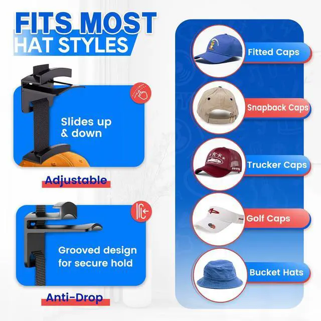 Alt view image 4 of 7 - Hat Organizer for Baseball Caps, Over the Door Hat Rack with 10 Display Hooks and Hanger, 2-Way Hanging Hat Storage and Hat Holder for Bedroom, Entryway or Garage Doors 1 Pack