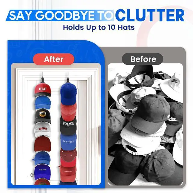 Alt view image 5 of 7 - Hat Organizer for Baseball Caps, Over the Door Hat Rack with 10 Display Hooks and Hanger, 2-Way Hanging Hat Storage and Hat Holder for Bedroom, Entryway or Garage Doors 1 Pack