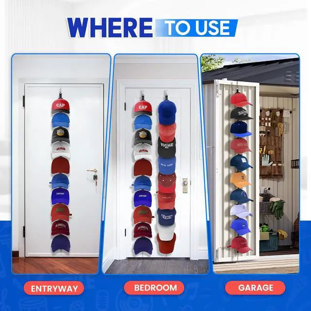 Alt view image 7 of 7 - Hat Organizer for Baseball Caps, Over the Door Hat Rack with 10 Display Hooks and Hanger, 2-Way Hanging Hat Storage and Hat Holder for Bedroom, Entryway or Garage Doors 1 Pack