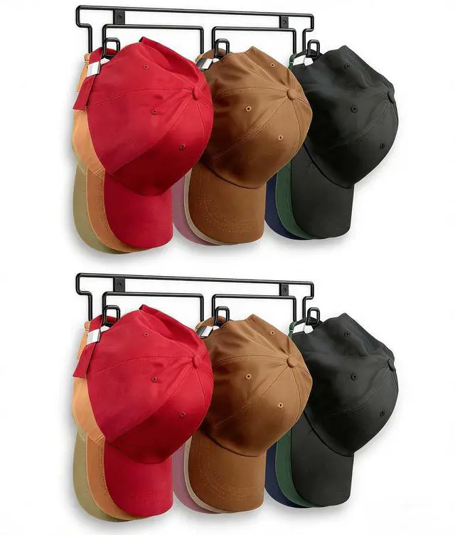 Main image of Hat Rack for Wall, 2-Pack Metal Hat Organizer for Baseball Caps, Black | Holds Up to 30 Hats, Baseball Cap Holder Storage, 2 Mounting Options Adhesive/Wall Drilled for Door, Room, Closet