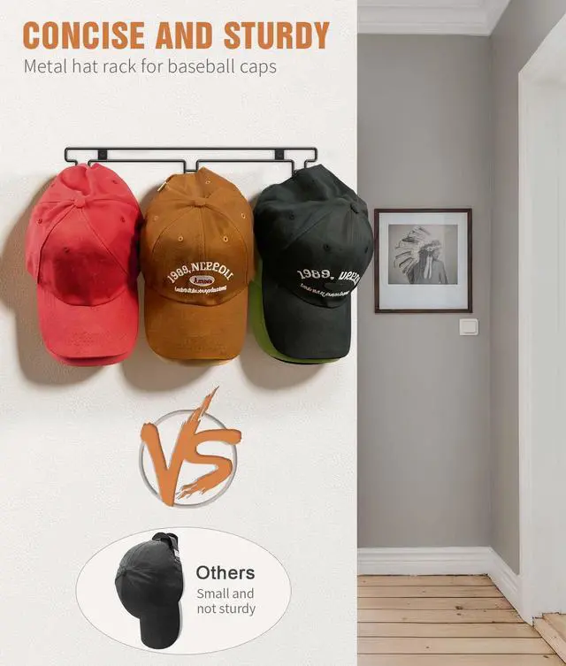 Alt view image 2 of 7 - Hat Rack for Wall, 2-Pack Metal Hat Organizer for Baseball Caps, Black | Holds Up to 30 Hats, Baseball Cap Holder Storage, 2 Mounting Options Adhesive/Wall Drilled for Door, Room, Closet