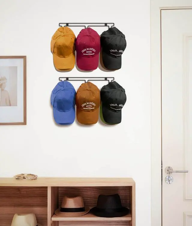Alt view image 3 of 7 - Hat Rack for Wall, 2-Pack Metal Hat Organizer for Baseball Caps, Black | Holds Up to 30 Hats, Baseball Cap Holder Storage, 2 Mounting Options Adhesive/Wall Drilled for Door, Room, Closet