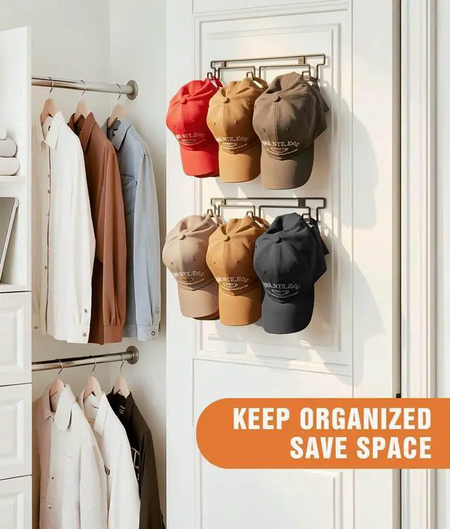 Alt view image 4 of 7 - Hat Rack for Wall, 2-Pack Metal Hat Organizer for Baseball Caps, Black | Holds Up to 30 Hats, Baseball Cap Holder Storage, 2 Mounting Options Adhesive/Wall Drilled for Door, Room, Closet