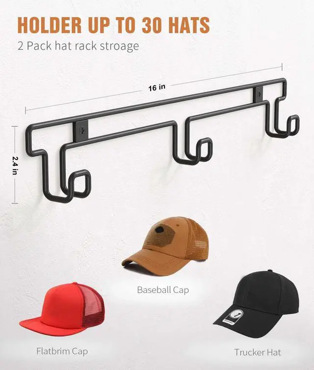Alt view image 7 of 7 - Hat Rack for Wall, 2-Pack Metal Hat Organizer for Baseball Caps, Black | Holds Up to 30 Hats, Baseball Cap Holder Storage, 2 Mounting Options Adhesive/Wall Drilled for Door, Room, Closet