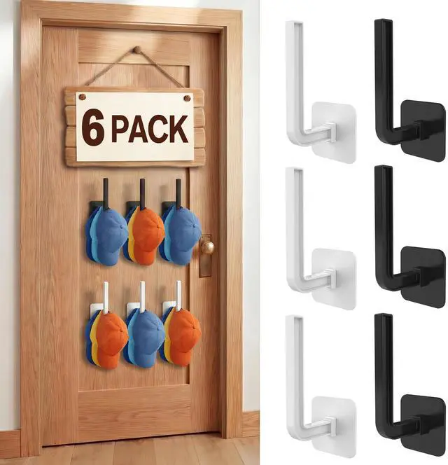 Main image of 6 Pack Hat Rack Wall Mount, Strong Adhesive Hat Holder on Wall, Cap Holder | Black & White Hat Hooks for Door, Baseball Cap Organizer, Space-Saving Hat Holder for Closet, Bedroom, Bathroom and Kitchen