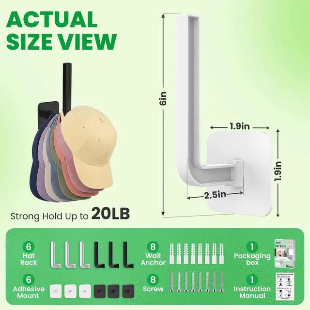 Alt view image 4 of 7 - 6 Pack Hat Rack Wall Mount, Strong Adhesive Hat Holder on Wall, Cap Holder | Black & White Hat Hooks for Door, Baseball Cap Organizer, Space-Saving Hat Holder for Closet, Bedroom, Bathroom and Kitchen