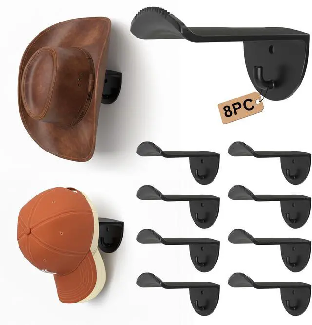 Main image of Adhesive Hat Hooks for Wall, 8 Pack, 2.9" Cowboy Hat Rack Prevents Deformation, Hat Hangers with Key Hook for Baseball Caps & Fedora, Drill or Stick, Western Decor Organizer, Black