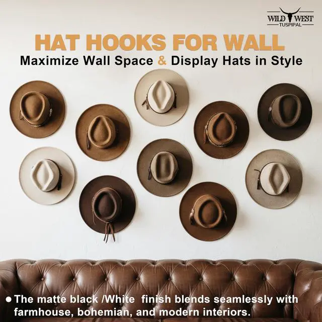 Alt view image 3 of 7 - Adhesive Hat Hooks for Wall, 8 Pack, 2.9" Cowboy Hat Rack Prevents Deformation, Hat Hangers with Key Hook for Baseball Caps & Fedora, Drill or Stick, Western Decor Organizer, Black