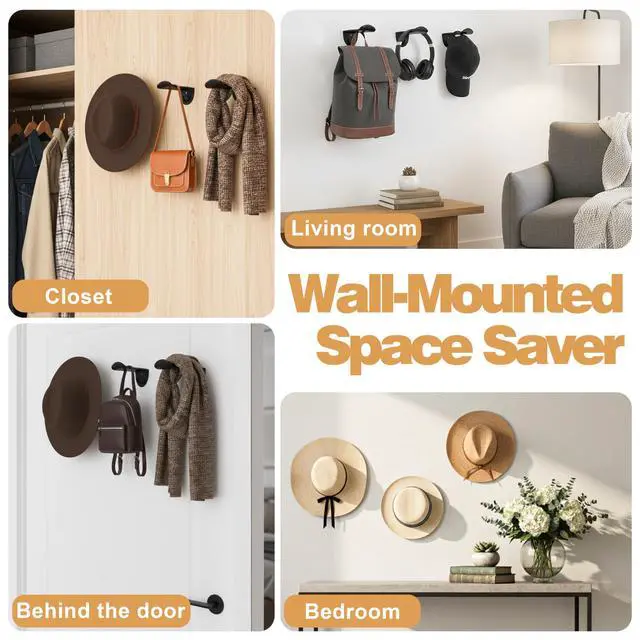 Alt view image 7 of 7 - Adhesive Hat Hooks for Wall, 8 Pack, 2.9" Cowboy Hat Rack Prevents Deformation, Hat Hangers with Key Hook for Baseball Caps & Fedora, Drill or Stick, Western Decor Organizer, Black