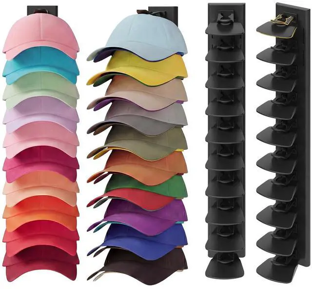 Main image of Hat Organizer for Baseball Caps, 2 Pack Hat Rack for Wall, Black | Hat Organizer Holds Up to 40 Hats, Clip-On Design Keeps Hats Secure, Adhesive or Drill Mount for Wall, Closet Door & Bedroom