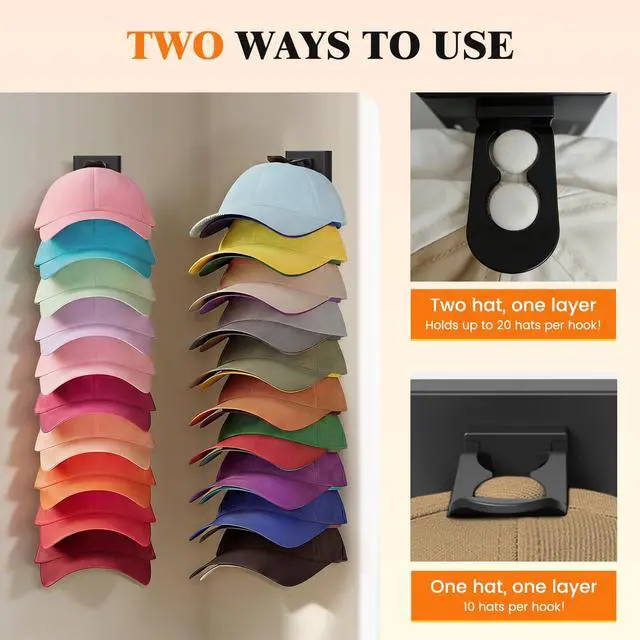 Alt view image 2 of 7 - Hat Organizer for Baseball Caps, 2 Pack Hat Rack for Wall, Black | Hat Organizer Holds Up to 40 Hats, Clip-On Design Keeps Hats Secure, Adhesive or Drill Mount for Wall, Closet Door & Bedroom