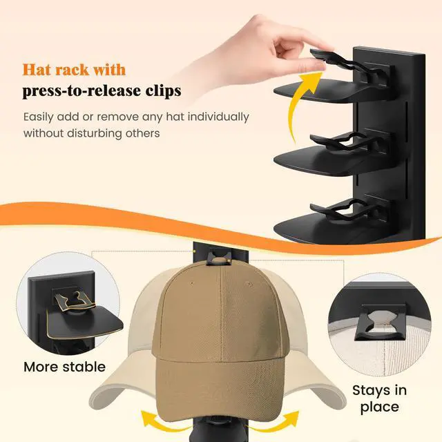 Alt view image 3 of 7 - Hat Organizer for Baseball Caps, 2 Pack Hat Rack for Wall, Black | Hat Organizer Holds Up to 40 Hats, Clip-On Design Keeps Hats Secure, Adhesive or Drill Mount for Wall, Closet Door & Bedroom