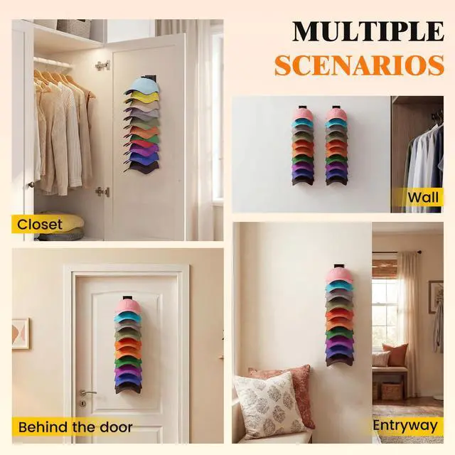 Alt view image 4 of 7 - Hat Organizer for Baseball Caps, 2 Pack Hat Rack for Wall, Black | Hat Organizer Holds Up to 40 Hats, Clip-On Design Keeps Hats Secure, Adhesive or Drill Mount for Wall, Closet Door & Bedroom