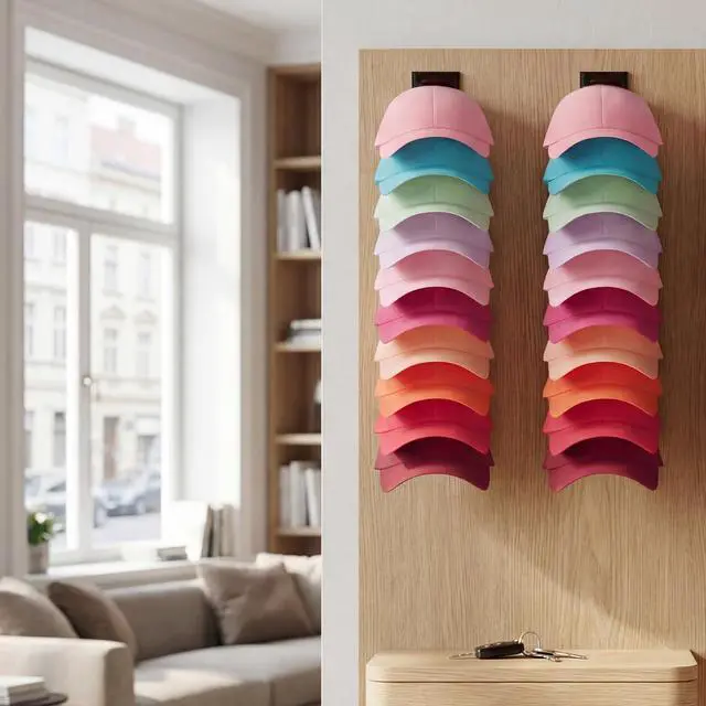 Alt view image 5 of 7 - Hat Organizer for Baseball Caps, 2 Pack Hat Rack for Wall, Black | Hat Organizer Holds Up to 40 Hats, Clip-On Design Keeps Hats Secure, Adhesive or Drill Mount for Wall, Closet Door & Bedroom
