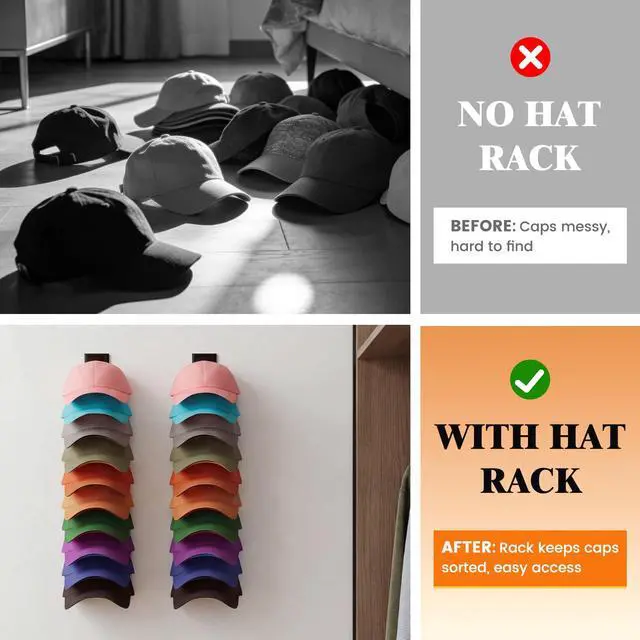 Alt view image 6 of 7 - Hat Organizer for Baseball Caps, 2 Pack Hat Rack for Wall, Black | Hat Organizer Holds Up to 40 Hats, Clip-On Design Keeps Hats Secure, Adhesive or Drill Mount for Wall, Closet Door & Bedroom