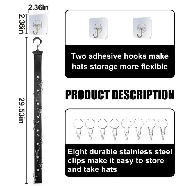 Alt view image 2 of 7 - Hat Organizer for Baseball Caps,2 Pack Caps Wall Organizer, Door Hat Racks with 8 Stainless Steel Clips, Hat Hangers for Ball Caps and Accessories for Men and Women, Black