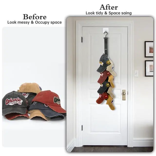 Alt view image 6 of 7 - Hat Organizer for Baseball Caps,2 Pack Caps Wall Organizer, Door Hat Racks with 8 Stainless Steel Clips, Hat Hangers for Ball Caps and Accessories for Men and Women, Black