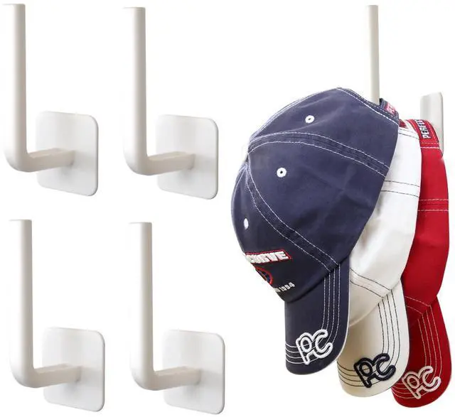 Main image of Adhesive Hooks for Hat Storage (4-Pack), Multi-Purpose Organizer, Versatile, No Drilling, Hat Organizer, Durable Hooks for Baseball Caps and Accessories, White