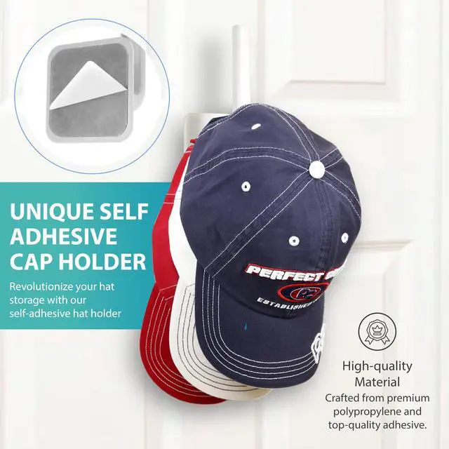 Alt view image 2 of 7 - Adhesive Hooks for Hat Storage (4-Pack), Multi-Purpose Organizer, Versatile, No Drilling, Hat Organizer, Durable Hooks for Baseball Caps and Accessories, White