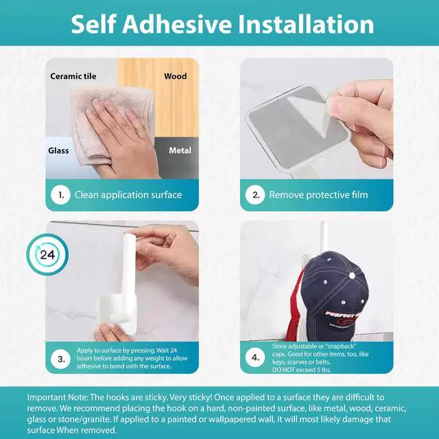 Alt view image 5 of 7 - Adhesive Hooks for Hat Storage (4-Pack), Multi-Purpose Organizer, Versatile, No Drilling, Hat Organizer, Durable Hooks for Baseball Caps and Accessories, White