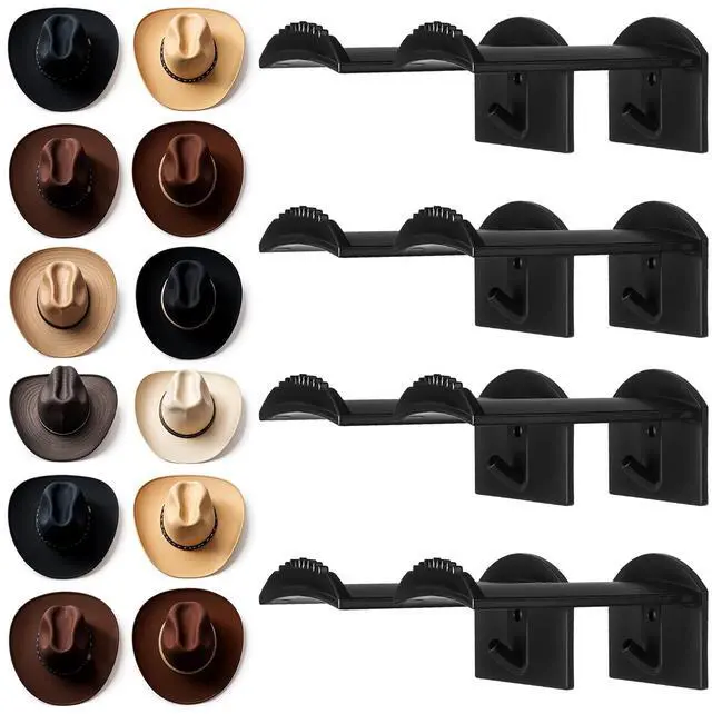 Main image of Hat Hooks for Wall, 8 Pack Cowboy Hat Holders, Black | 2.9 In Extended Design, Adhesive Or Screw Mount, Anti-Slip Teeth, Hook For Keys, Fits Cowboy, Sun And Baseball Hats