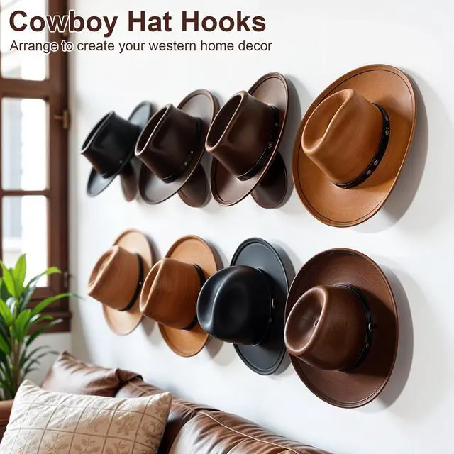 Alt view image 2 of 7 - Hat Hooks for Wall, 8 Pack Cowboy Hat Holders, Black | 2.9 In Extended Design, Adhesive Or Screw Mount, Anti-Slip Teeth, Hook For Keys, Fits Cowboy, Sun And Baseball Hats