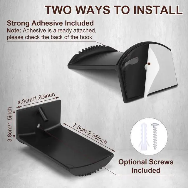 Alt view image 3 of 7 - Hat Hooks for Wall, 8 Pack Cowboy Hat Holders, Black | 2.9 In Extended Design, Adhesive Or Screw Mount, Anti-Slip Teeth, Hook For Keys, Fits Cowboy, Sun And Baseball Hats