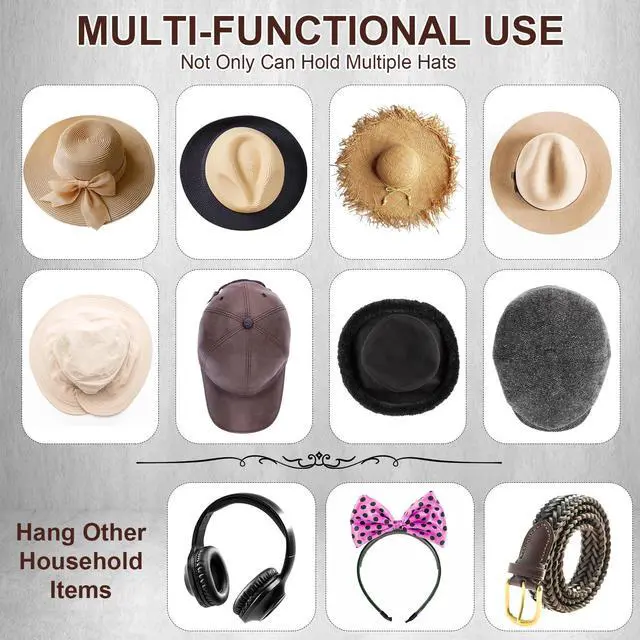 Alt view image 5 of 7 - Hat Hooks for Wall, 8 Pack Cowboy Hat Holders, Black | 2.9 In Extended Design, Adhesive Or Screw Mount, Anti-Slip Teeth, Hook For Keys, Fits Cowboy, Sun And Baseball Hats