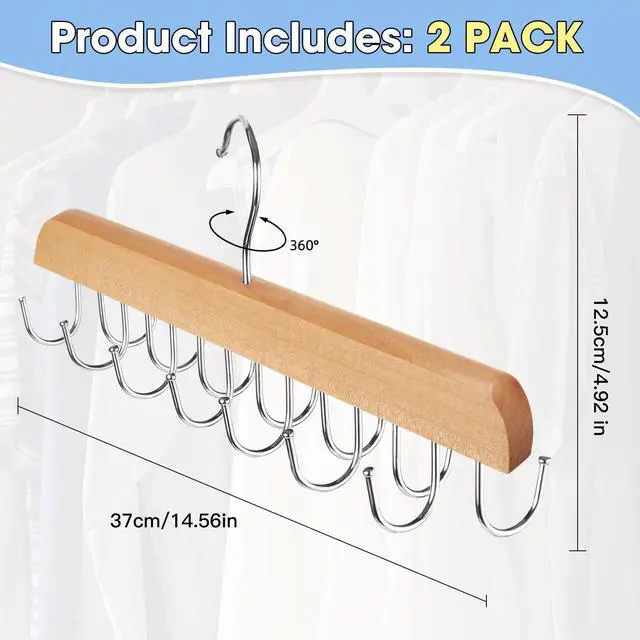 Alt view image 2 of 6 - 2 Pack Hat Hangers for Closet, 14 Hook Cap Organizer, Wood | No Assembly, Double-Sided Hooks, Rotates 360°, Hardwood And Stainless Steel, For Caps, Belts, Ties, And Scarves
