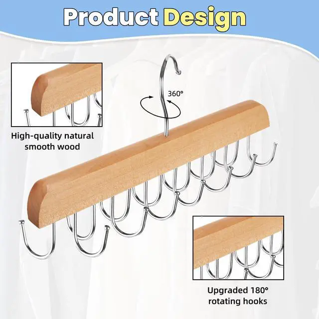 Alt view image 3 of 6 - 2 Pack Hat Hangers for Closet, 14 Hook Cap Organizer, Wood | No Assembly, Double-Sided Hooks, Rotates 360°, Hardwood And Stainless Steel, For Caps, Belts, Ties, And Scarves