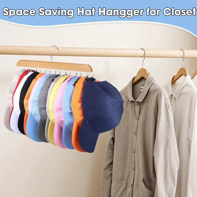 Alt view image 4 of 6 - 2 Pack Hat Hangers for Closet, 14 Hook Cap Organizer, Wood | No Assembly, Double-Sided Hooks, Rotates 360°, Hardwood And Stainless Steel, For Caps, Belts, Ties, And Scarves