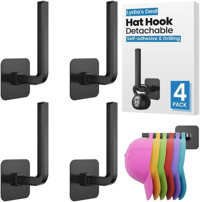 Main image of Hat Rack for Wall 4PCS - Self-Adhesive & Drilling Options, 30LB Capacity, Space-Saving Hat Organizer for Baseball Caps & Accessories, 2 Mounting Options Hat Hooks for Wall Closet Door Bedroom