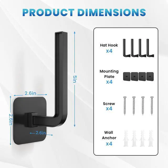 Alt view image 6 of 7 - Hat Rack for Wall 4PCS - Self-Adhesive & Drilling Options, 30LB Capacity, Space-Saving Hat Organizer for Baseball Caps & Accessories, 2 Mounting Options Hat Hooks for Wall Closet Door Bedroom