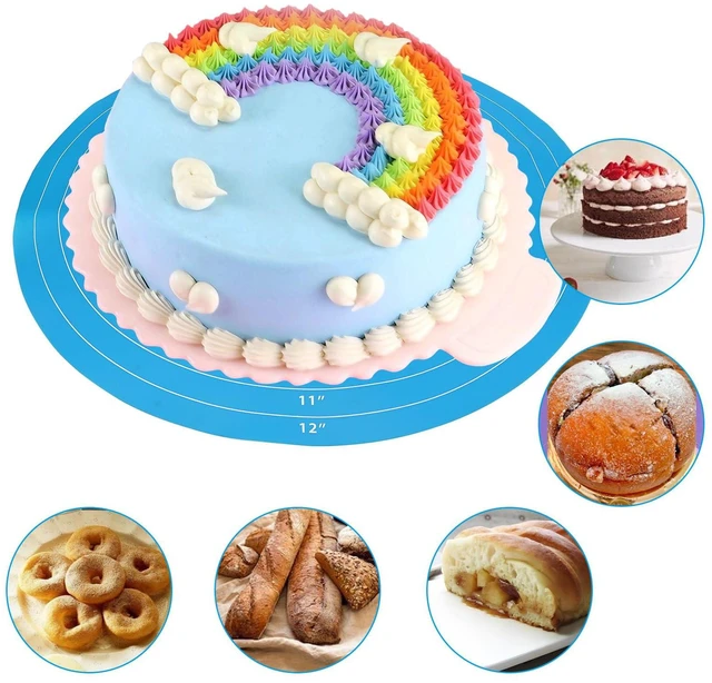 Alt view image 5 of 5 - 12 Inch Round Silicone Cake Mat, 2Pcs, Blue+Pink | With Measurements, Non-Stick, For Cake Turntable, Dough Rolling, Cookies & Pizza, Heat Resistant, Reusable Pastry Pad