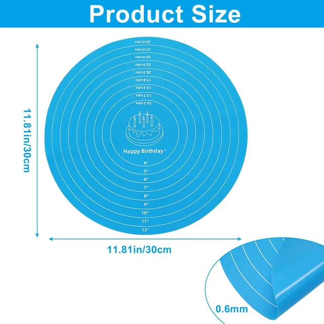 Alt view image 2 of 5 - 12 Inch Round Silicone Cake Mat, 2Pcs, Blue+Pink | With Measurements, Non-Stick, For Cake Turntable, Dough Rolling, Cookies & Pizza, Heat Resistant, Reusable Pastry Pad
