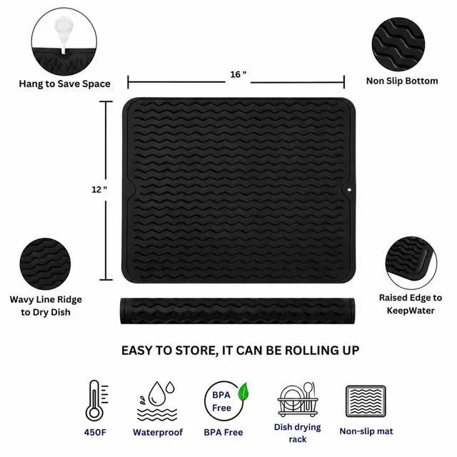 Alt view image 2 of 7 - Silicone Dish Drying Mat 16 x 12 Inch, Non-Slip Heat Resistant Food-Grade Silicone Dish Pad, Easy Clean Multipurpose Sink Mat & Counter Protector, Black