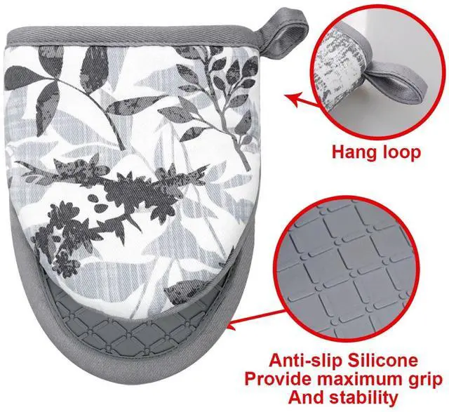 Alt view image 3 of 7 - Mini Silicone Oven Mitts, Heat Resistant Kitchen Mittens 2-Pack Set | Non-Slip Khaki Patchwork Flower Soft Short Oven Gloves, Flexible Thick Pot Holders for Safe Cooking Baking & Grill(Grayish)